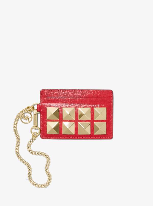 Damske Penazenky Michael Kors Small Studded Textured Leather Chain Card Case Červené - Doplnky Michael Kors Slevy | ZIJYX-8149